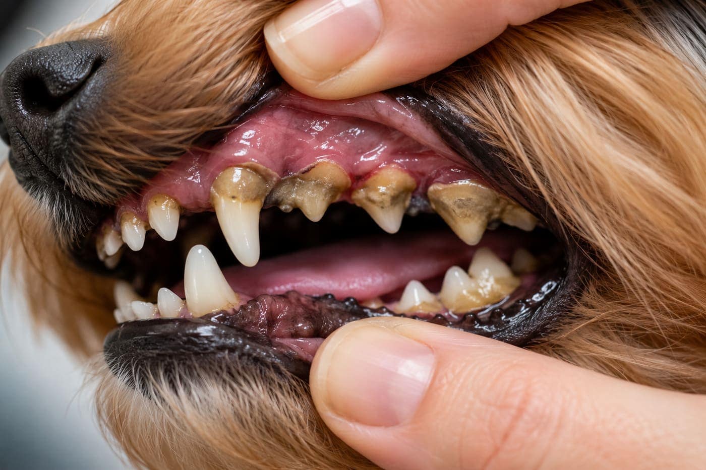 Close-up of a dog's teeth showing tartar buildup