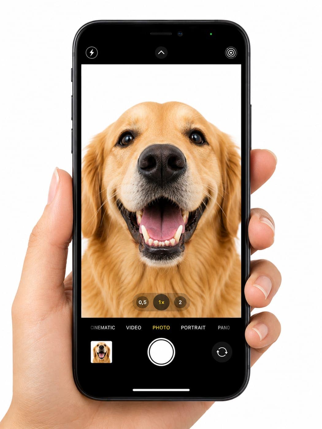 Dog smiling at camera inside a phone screen