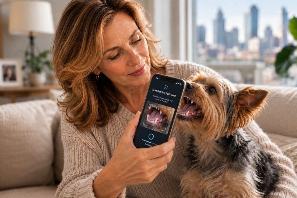 Pet parent scanning her dog’s teeth at home with the Safe Smile app