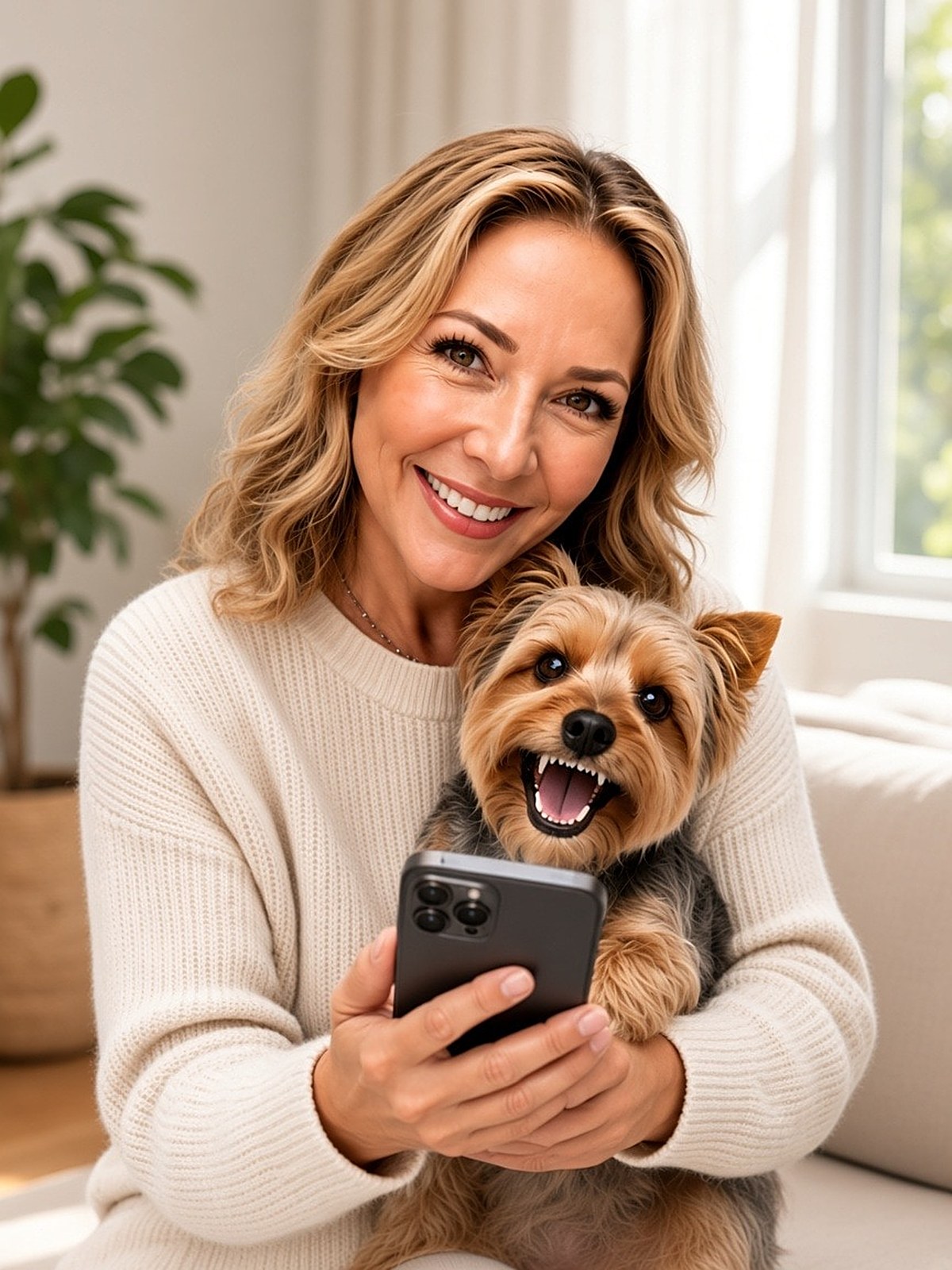 Pet parent at home holding a smiling Yorkshire Terrier and a phone for an at-home dental scan