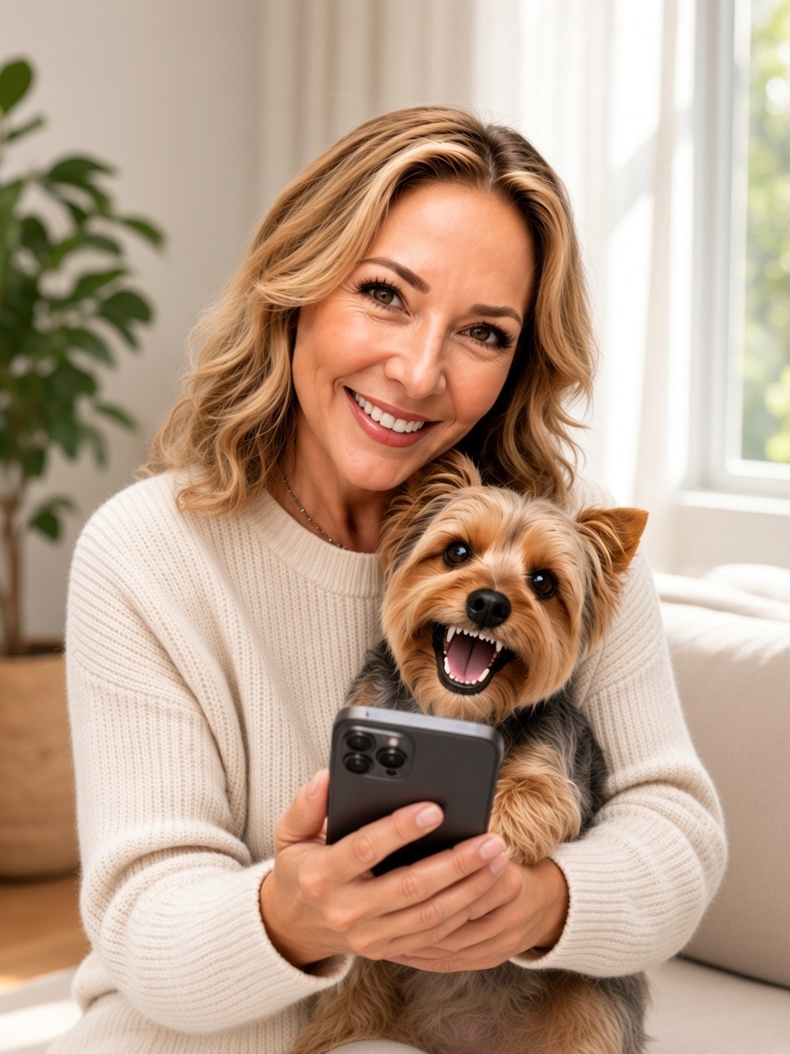 Pet parent at home holding a Yorkshire Terrier and phone for an at-home dental scan
