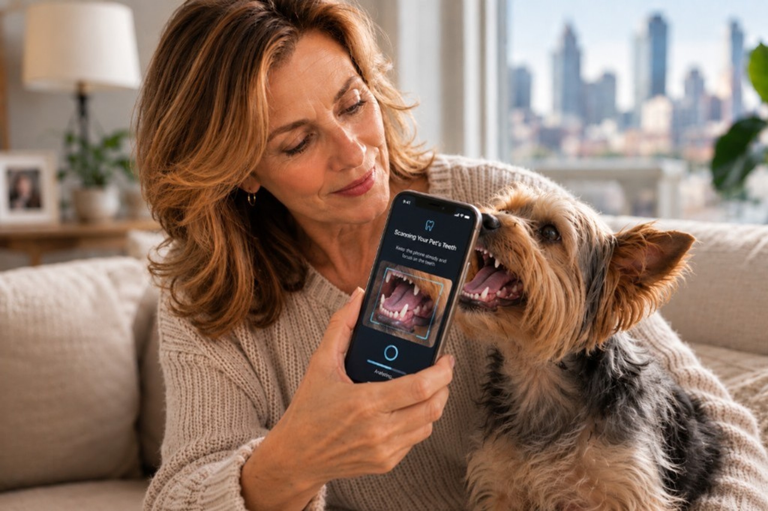 Woman aiming her phone at a small dog’s open mouth for a Safe Smile dental scan at home